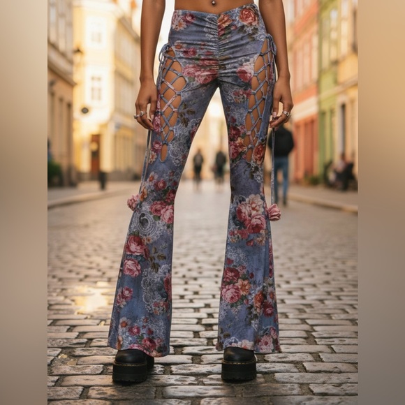 Dolls Kill Pants - Current Mood Balcony Serenade Flare Pants - Floral Lace-Up - NWT